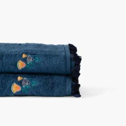 Carré Blanc Drap de bain coton Papyrus bleu d'Egypte| Draps De Bain