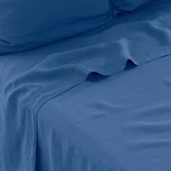 Carré Blanc Drap de lit lin lavé Songe bleu de chine| Draps De Lit