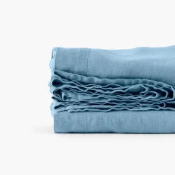Carré Blanc Drap de lit lin lavé Songe bleu baltique| Draps De Lit