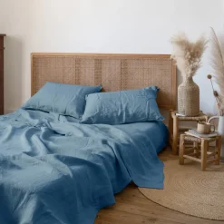 Carré Blanc Drap de lit lin lavé Songe bleu baltique| Draps De Lit