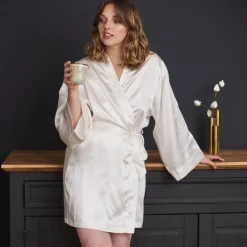 Carré Blanc Déshabillé kimono en soie de mûrier Beauté ivoire|Femme Coffrets Cadeaux|Capsule Soienew