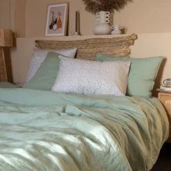Carré Blanc Housse de couette lin et coton lavé Songe eucalyptus| Housses De Couette