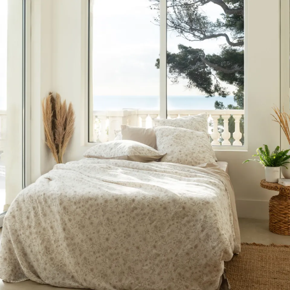 Carré Blanc Housse de couette lin et coton lavé Songe grège floral| Housses De Couette