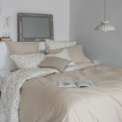 Carré Blanc Housse de couette lin et coton lavé Songe grège floral| Housses De Couette