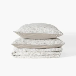 Carré Blanc Housse de couette lin et coton lavé Songe grège floral| Housses De Couette