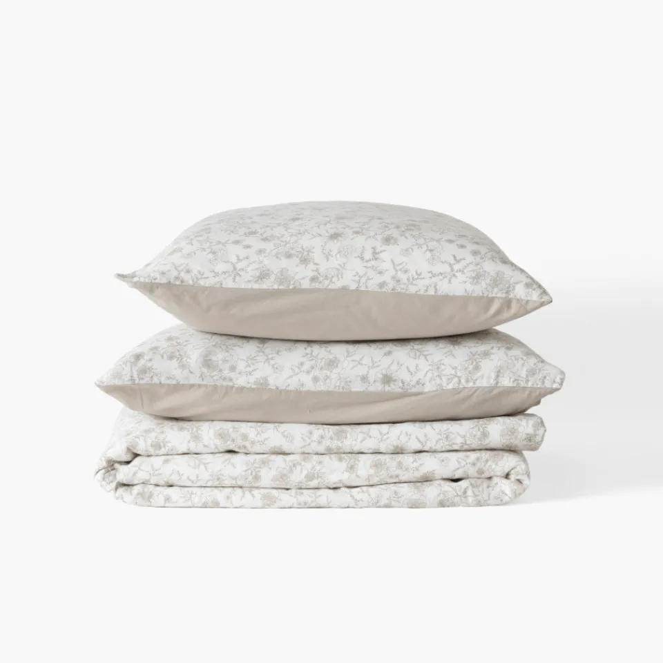 Carré Blanc Housse de couette lin et coton lavé Songe grège floral| Housses De Couette