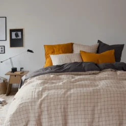 Carré Blanc Housse de couette lin et coton lavé Songe charbon carreaux| Housses De Couette