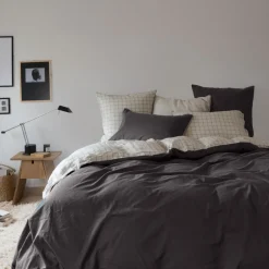 Carré Blanc Housse de couette lin et coton lavé Songe charbon carreaux| Housses De Couette