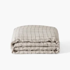 Carré Blanc Housse de couette lin et coton lavé Songe charbon carreaux| Housses De Couette