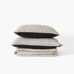 Carré Blanc Housse de couette lin et coton lavé Songe charbon carreaux| Housses De Couette
