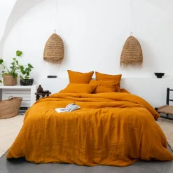 Carré Blanc Housse de couette lin et coton lavé Songe curcuma| Housses De Couette