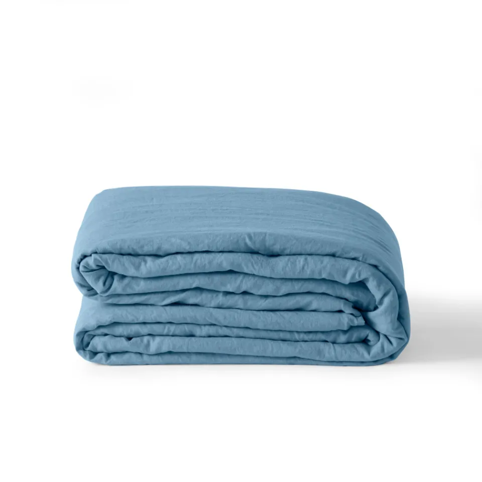 Carré Blanc Housse de couette lin et coton lavé Songe bleu baltique| Housses De Couette