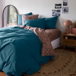 Carré Blanc Housse de couette percale de coton Neo Bleu Prusse Floral| Housses De Couette