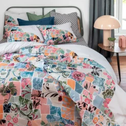 Carré Blanc Housse de couette réversible percale de coton Azulejos| Housses De Couette