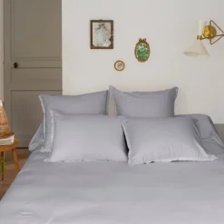 Carré Blanc Housse de couette satin de coton jacquard pois et rayures Prestige tourterelle| Housses De Couette