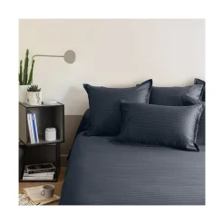 Carré Blanc Housse de couette satin de coton jacquard pois et rayures Prestige bleu nuit| Housses De Couette