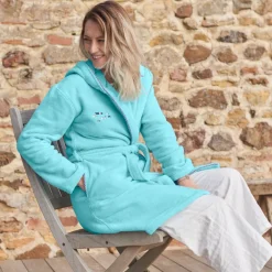 Carré Blanc Peignoir femme coton à capuche Abysse lagon|Femme Peignoirs Femme