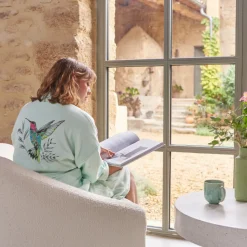 Carré Blanc Peignoir femme coton col kimono Calypte vert d'eau|Femme Coffrets Cadeaux|Peignoirs Femme