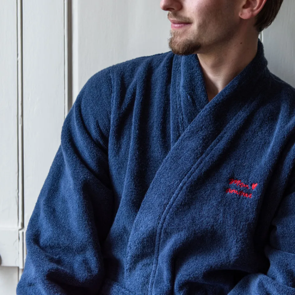 Carré Blanc Peignoir homme coton col kimono Amours marine|Homme Peignoirs Homme