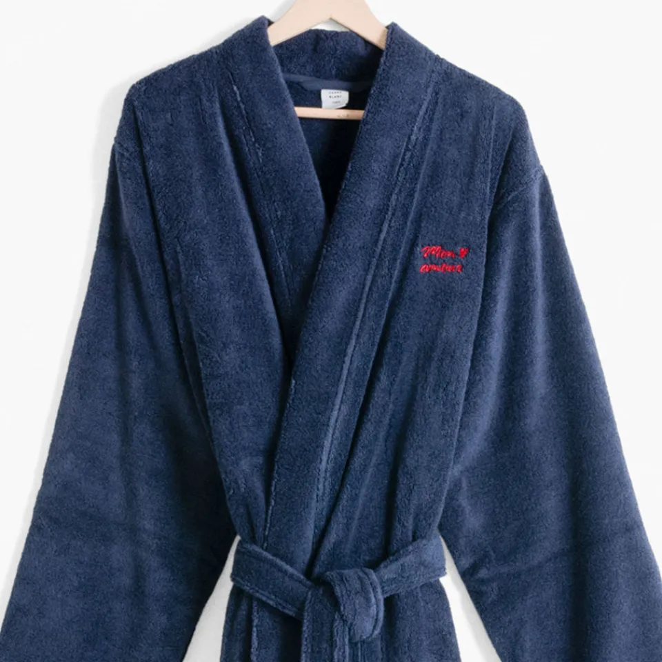 Carré Blanc Peignoir homme coton col kimono Amours marine|Homme Peignoirs Homme