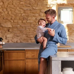 Carré Blanc Peignoir homme coton nid d'abeille Ilyan bleu grisé|Homme Coffrets Cadeaux|Peignoirs Homme