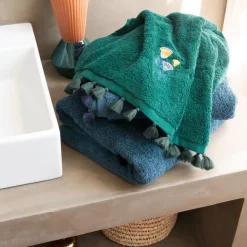 Carré Blanc Serviette de toilette coton Papyrus émeraude| Serviettes De Toilette