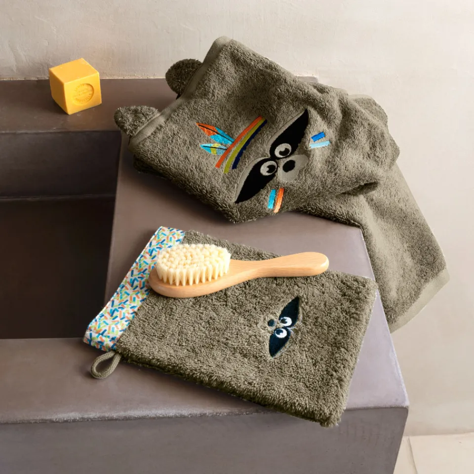Carré Blanc Serviette de toilette coton Playful kaki|Enfant Serviettes De Toilette