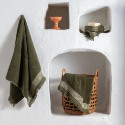 Carré Blanc Serviette de toilette coton Villasol vert kaki| Serviettes De Toilette