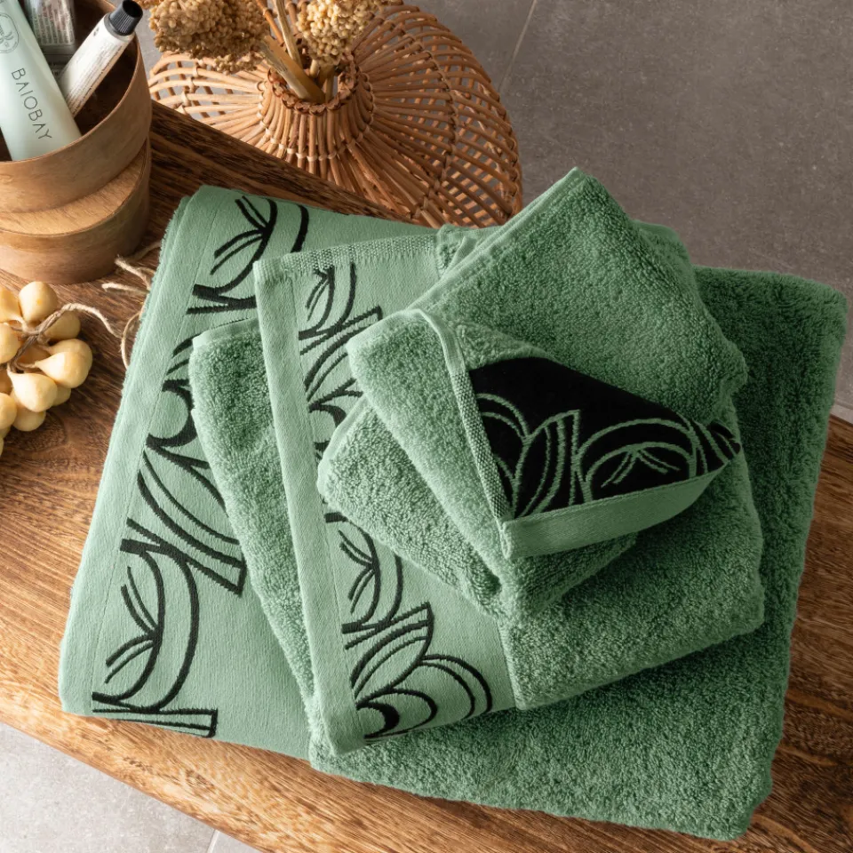 Carré Blanc Serviette de toilette coton Azulejos vert| Serviettes De Toilette