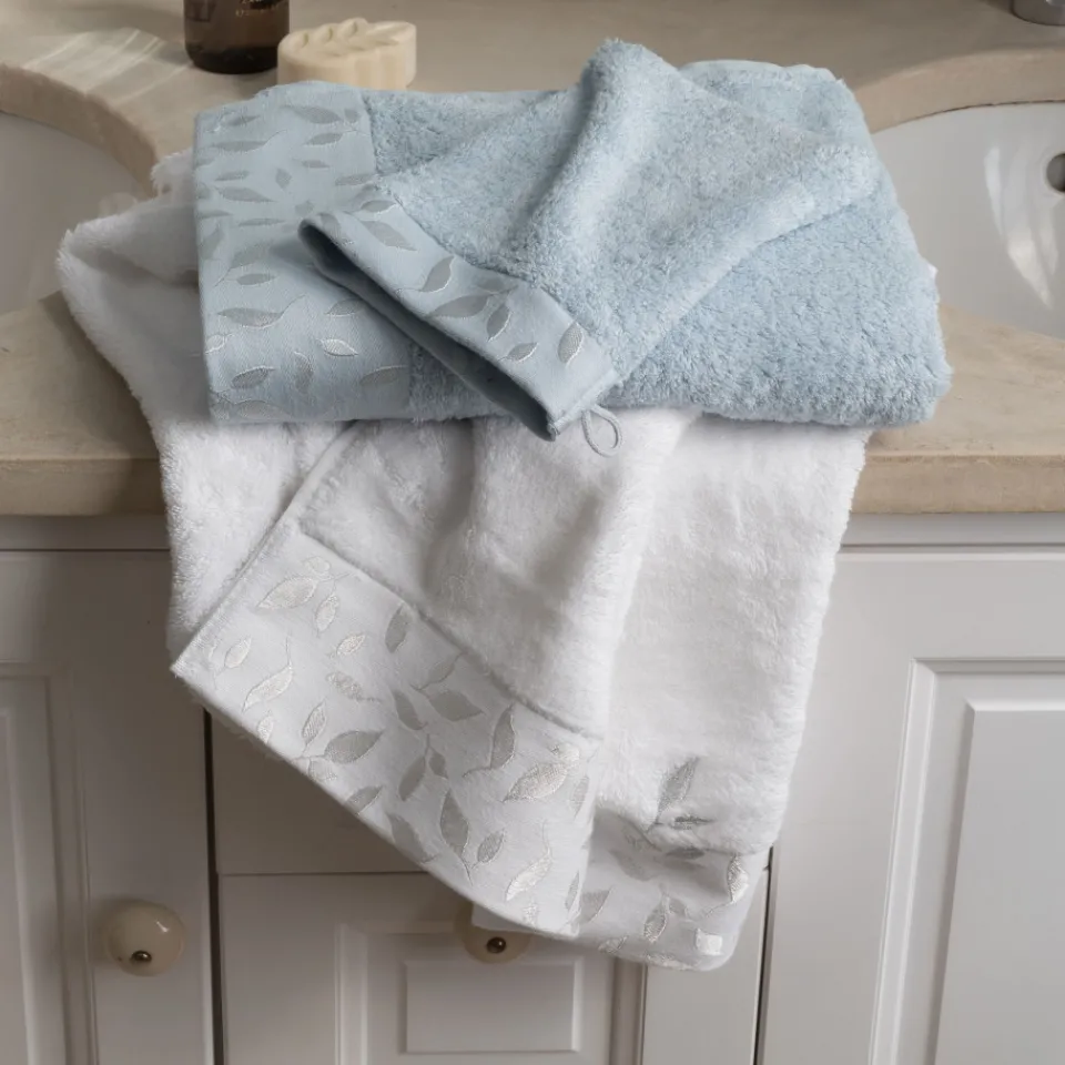 Carré Blanc Serviette invité coton et viscose de bambou Equinoxe bleu givre| Serviettes Invité