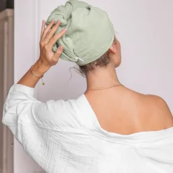 Carré Blanc Serviette pour cheveux en velours de coton biologique Naturelle eucalyptus|Femme Coffrets Cadeaux|Accessoires Beauté