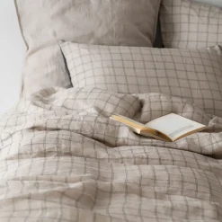 Carré Blanc Taie d'oreiller carrée lin et coton lavé Songe charbon carreaux| Taies D’oreiller