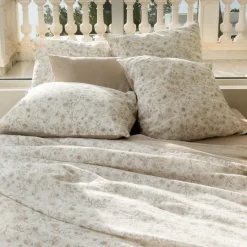 Carré Blanc Taie d'oreiller carrée lin et coton lavé Songe grège floral| Taies D’oreiller