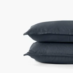 Carré Blanc Taie d'oreiller carrée satin de coton jacquard pois et rayures Prestige bleu nuit| Taies D’oreiller