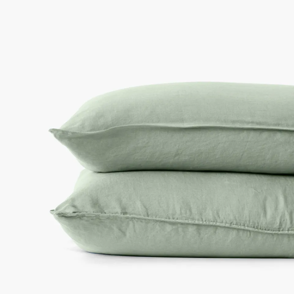 Carré Blanc Taie d'oreiller rectangulaire lin et coton lavé Songe Eucalyptus| Taies D’oreiller