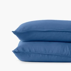 Carré Blanc Taie d'oreiller rectangulaire lin et coton lavé Songe bleu de chine| Taies D’oreiller