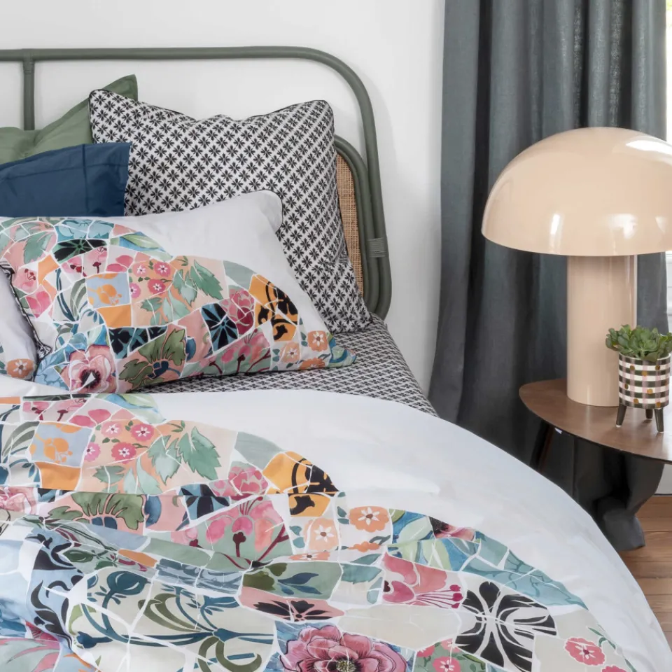 Carré Blanc Taie d'oreiller rectangulaire réversible percale de coton Azulejos| Taies D’oreiller