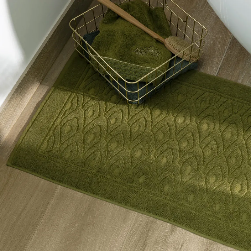 Carré Blanc Tapis de bain coton et viscose de bambou Silvalys vert mousse| Tapis De Bain