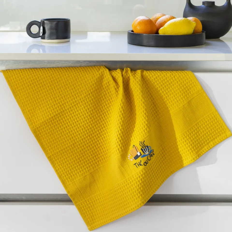 Carré Blanc Torchon coton nid d'abeille Tcafé curcuma| Torchons & Essuie-mains
